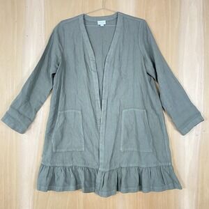 J Jill Pure Jill Jacket Womens Medium Green Linen Ruffle Hem Open Front Long